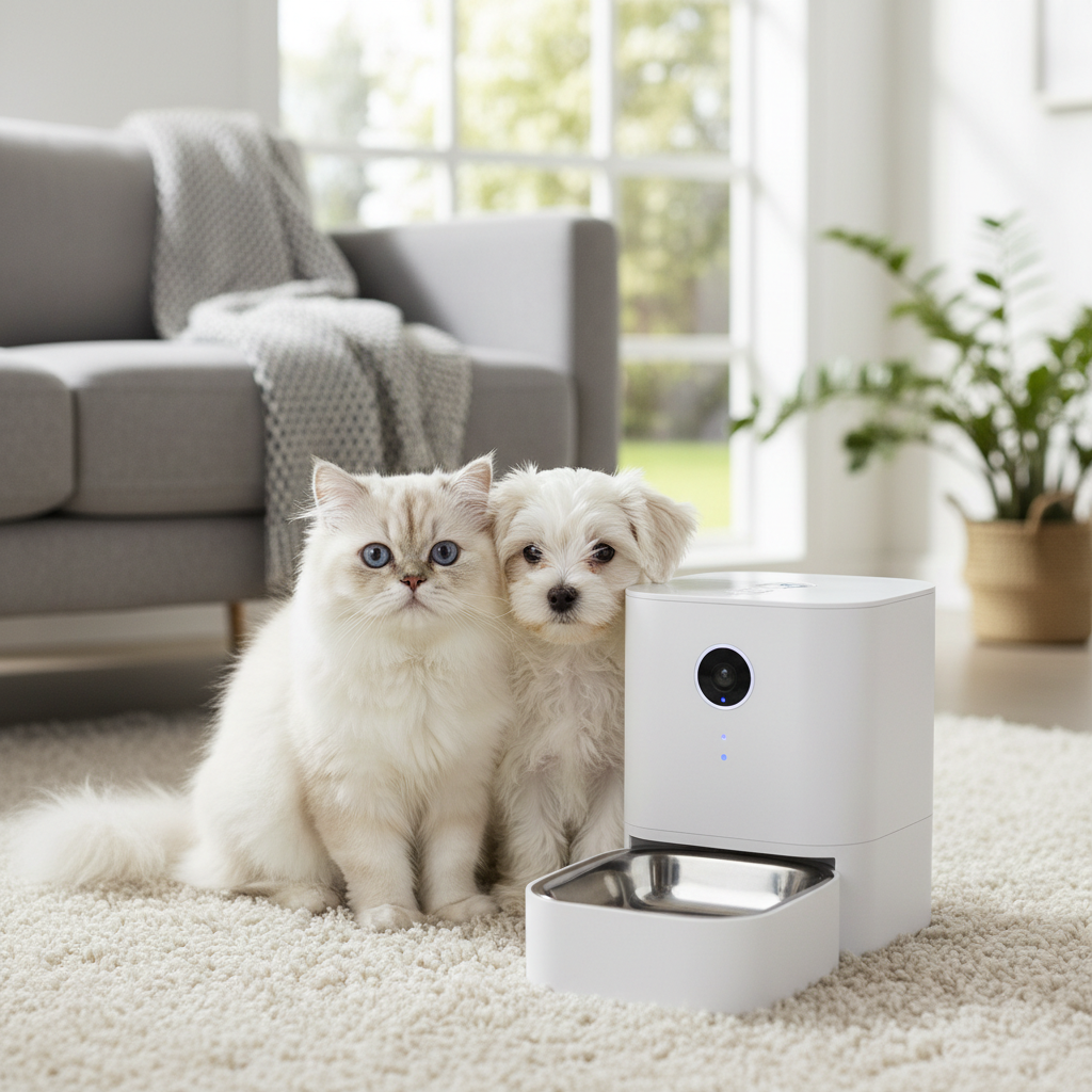 Cat and dog with smart pet feeder