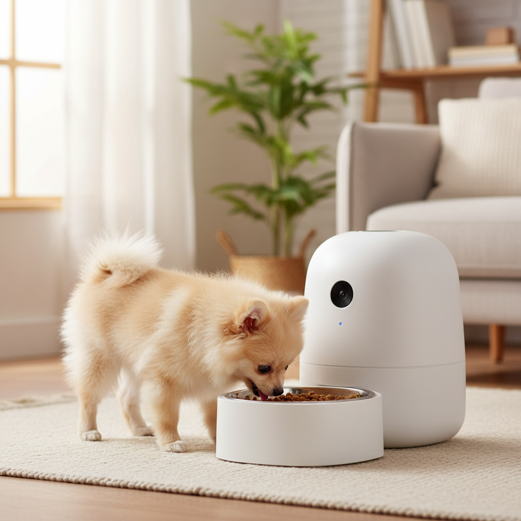 Pomeranian puppy eating from smart pet feeder