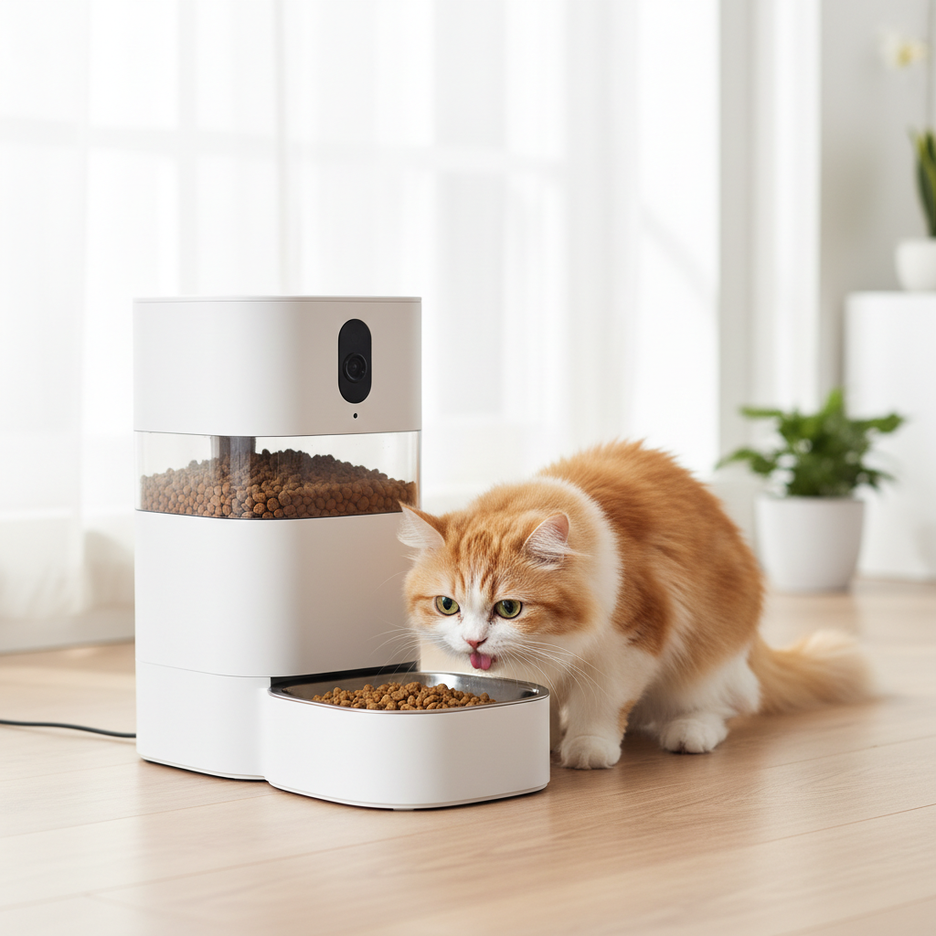 Cat eating from smart pet feeder