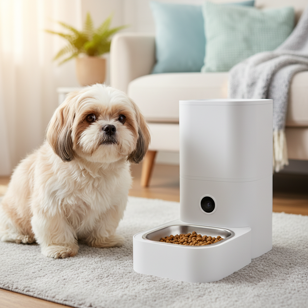 Shih Tzu dog with smart pet feeder