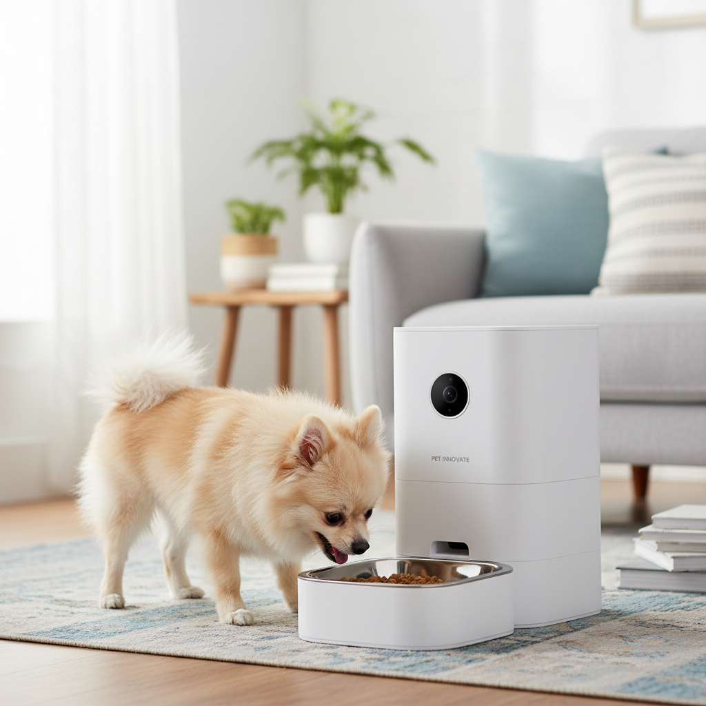 Small dog eating from smart pet feeder
